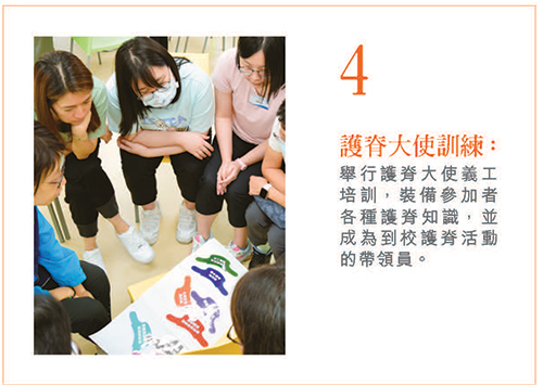 4. 护脊大使训练：举行护脊大使义工培训，装备参加者各种护脊知识，并成为到校护脊活动的带领员。